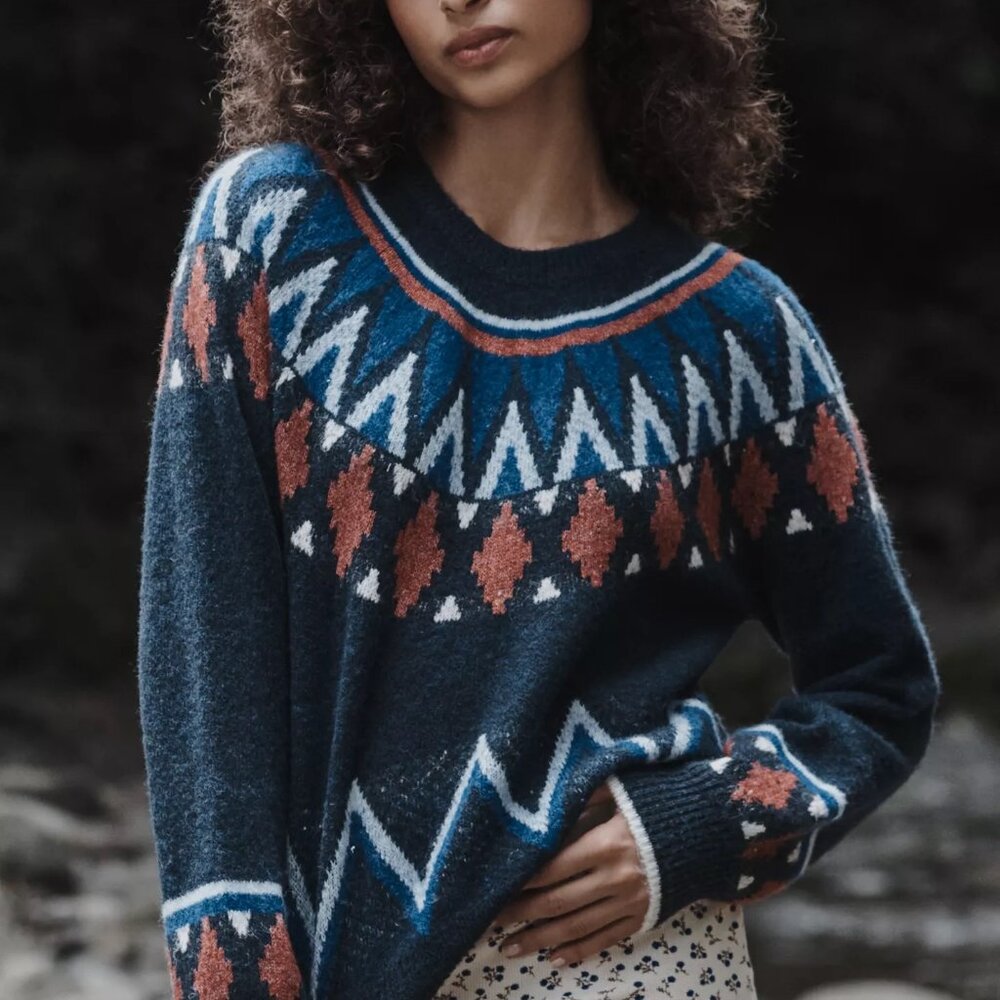 Anthropologie Sundry Fairisle Crew Neck Sweater Deep Navy Size XS